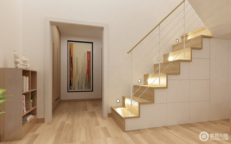 设计师并没有忽略走廊，而是延续整体设计的白色与木色，尽显极简艺术；简单的几何造型与实木家具愈显温实，简单中蕴藏着暖意；再加上，空间自身的建筑结构感，更显动律。