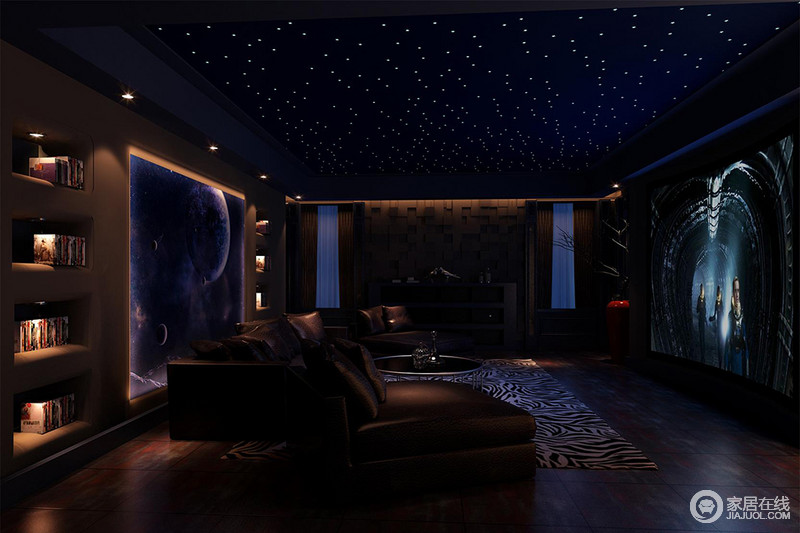 影音室模拟了星空，并以此为概念进行设计，让人在浩瀚的空间中欣赏影视作品；倍感舒适的家具、斑马纹路的地毯野性十足，表达着主人对自由生活的喜爱。