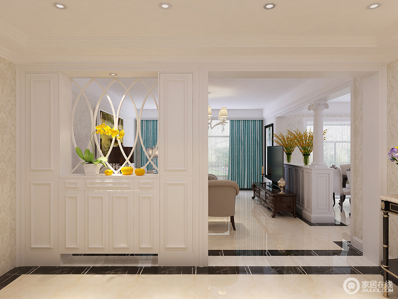 玄关的整体以白色为主，鞋柜上镂空的设计增加了空间的形质美。