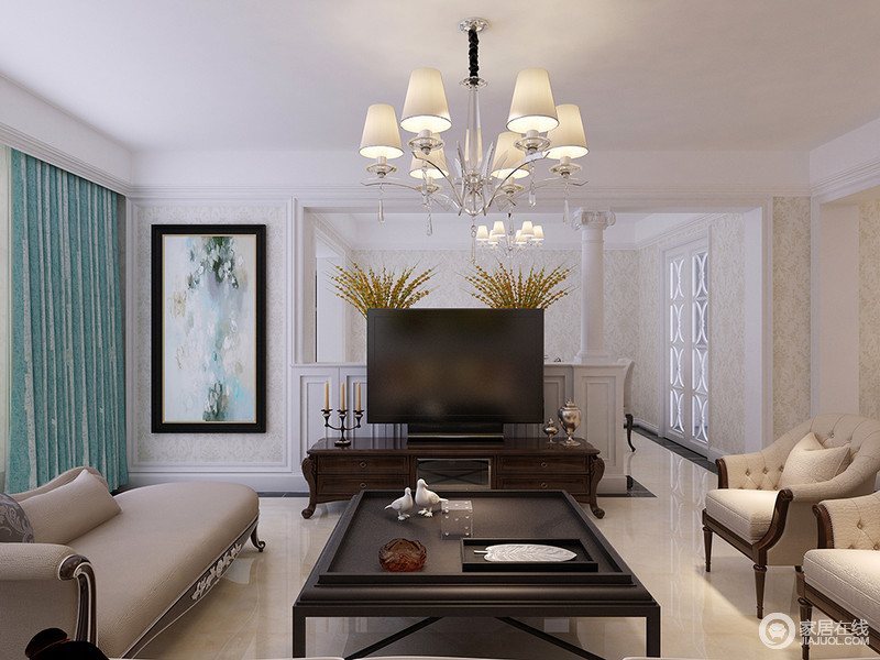 客厅中选用美式木质家具，在白色调的空间里增加庄重和沉稳的气质。