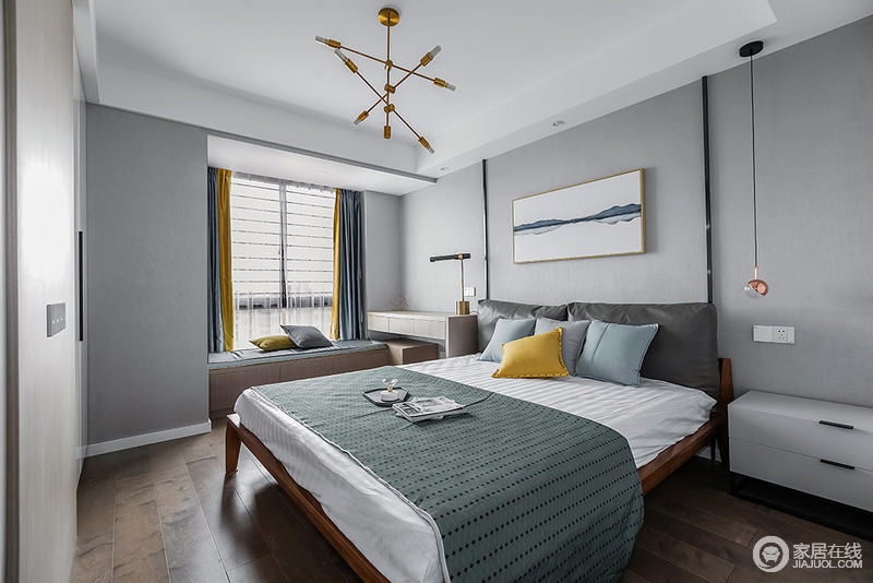 卧室空间采用灰色作为主色调，干净纯粹的质感宛如出淤泥而不染的气质。简单纯净的设计搭配具有极强的表现力，轻松打造简单时尚高级的家居环境。