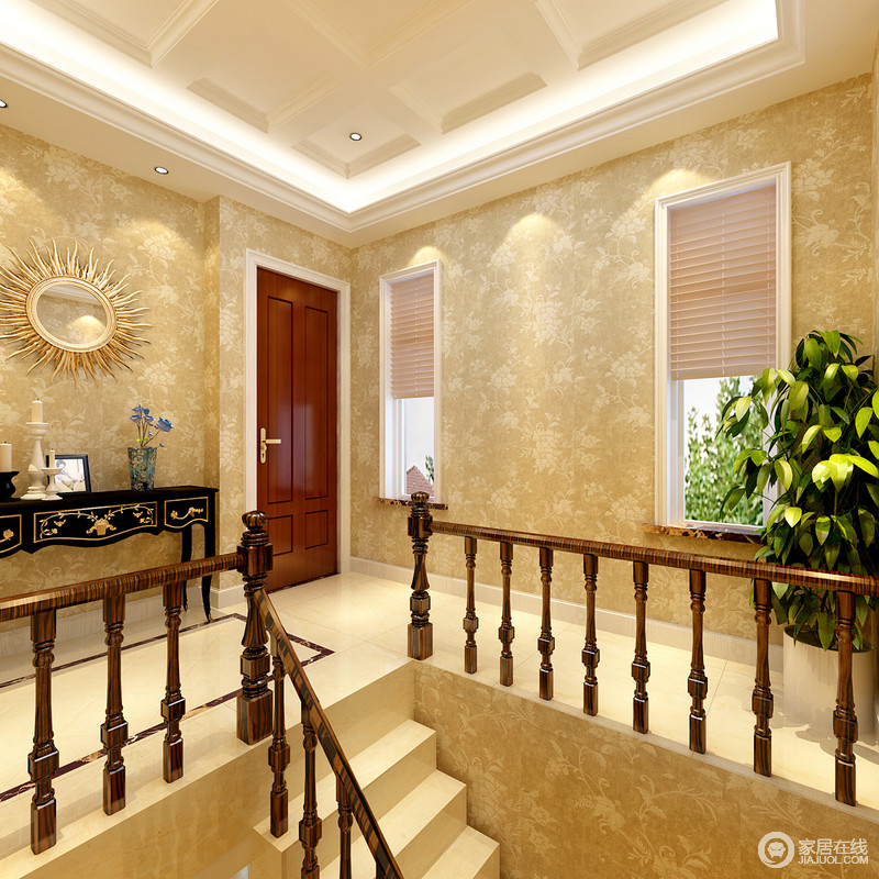 二层楼台布置得十分精致，黑色与金色打造得欧式边柜颇具宫廷风，金色太阳状的镜子装饰了空间的美。