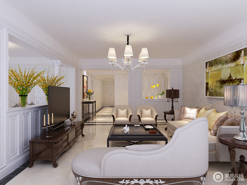 客厅做为待客区域，一般要求简洁明快，所以选用了白色沙发，让空间的洁净进行到底。