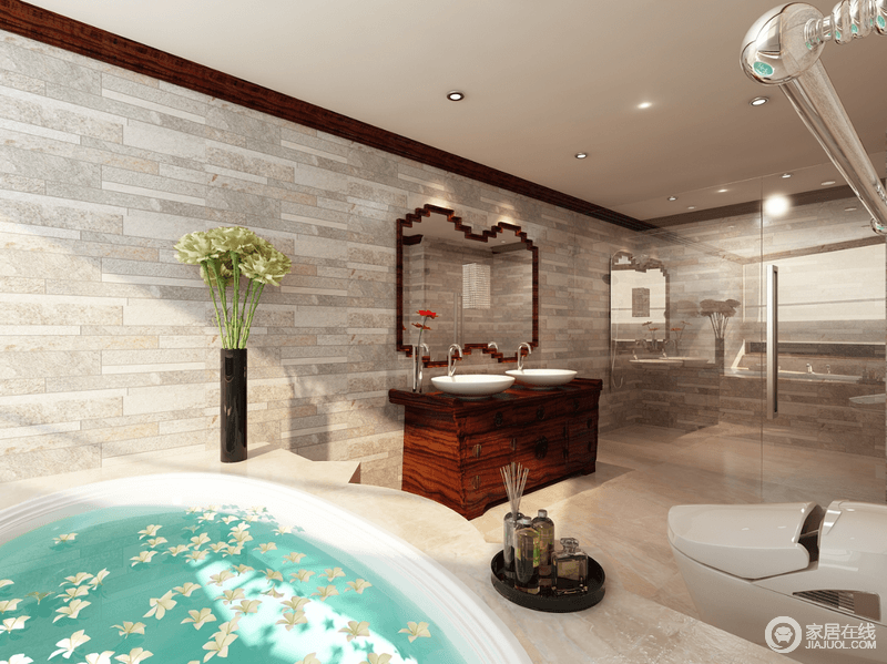 超大的卫生间，因为浴缸，让沐浴也变得十分舒畅；灰色砖石的肌理，造就了铺贴的美感，现代盥洗柜和复古风的镜饰点缀其间，颇显质感。