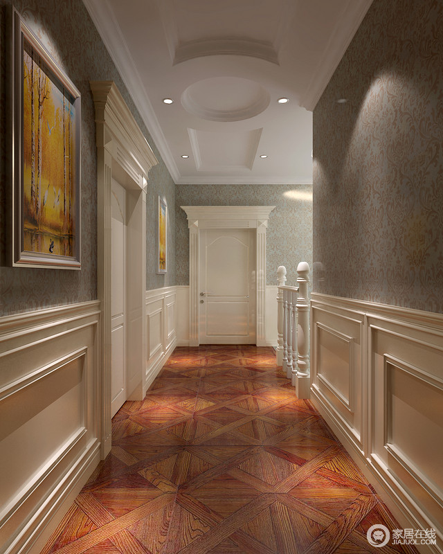 走廊中墙体采用白色木材和壁纸为主材料，并选用亮彩地风景画为饰，静谧而清静。