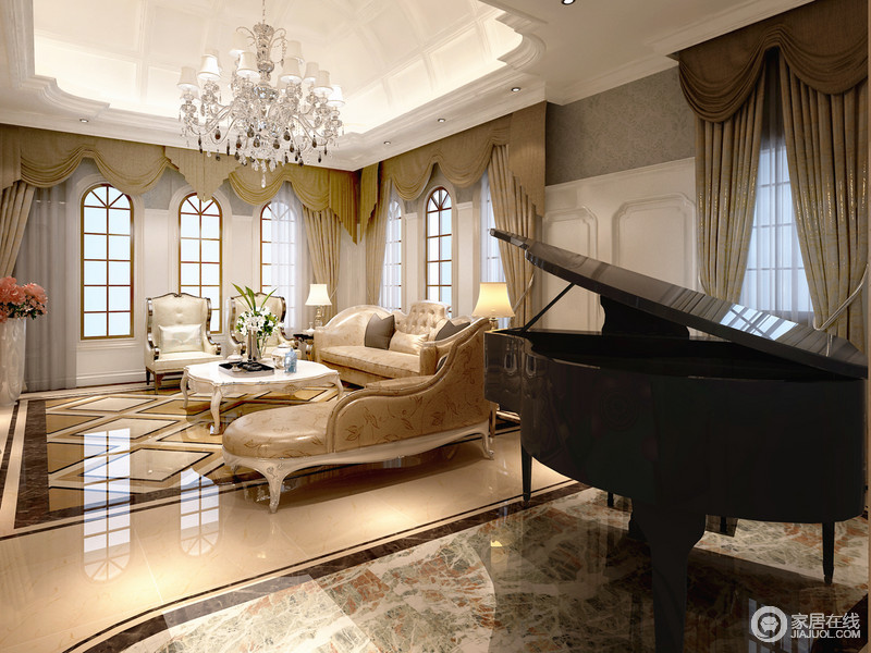 淡黄色的家具增加了空间的雅韵，黑色钢琴优雅坐落在一旁，让人愉悦而期待琴音绕耳。