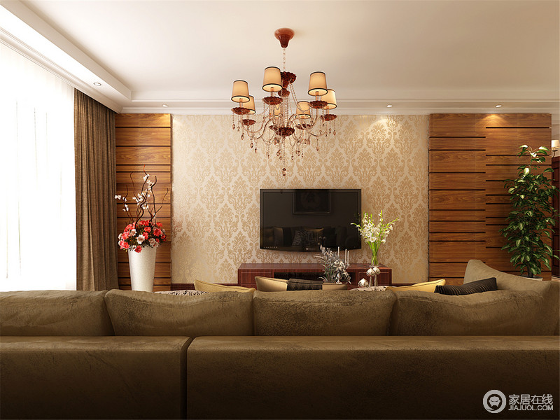 客厅设计上保留利落和规整，而原木条与米色壁纸的组合，让整个空间不失温和感，深色沙发与之组合，足够让主人生活得安适。