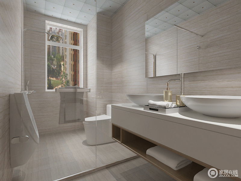卫生间干湿分离，墙面采用大理石装饰，搭配白色系的梳洗台，简单干净。
