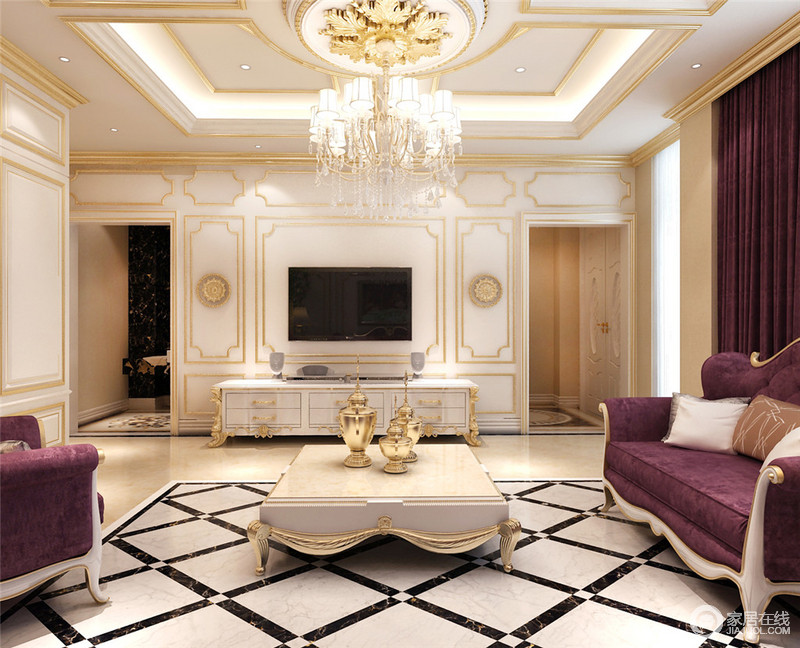 优美的装饰细节更能营造空间的华美，富雅的描金线条缤纷间，在白色墙板上勾勒出空间的优雅贵气；高贵神秘的紫色更添空间的典雅格调，在精雕细琢营造下，满室风情。