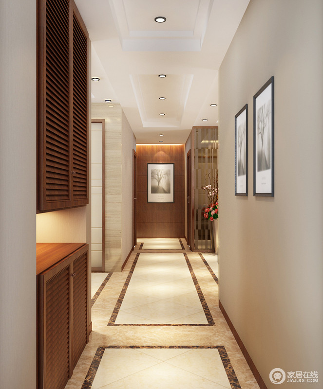 整个走廊从吊顶到地砖以几何勾勒规整和动律，缓解了空间的单调；定制得实木鞋柜解决储物问题，与黑白画作制造家的朴素、温馨。