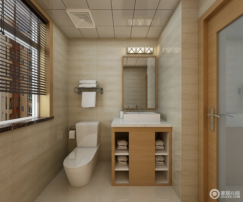卫生间选用浅色地砖统一了墙面，隐约闪烁出的肌理是空间中动人的一幕，令简式木质盥洗台也多了些别雅。