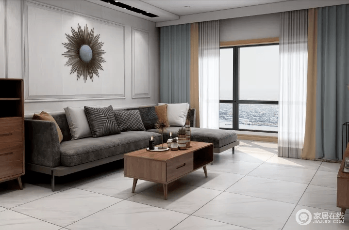 客厅空间为浅色调，因此在家具的选择和软装问题上尤为下功夫，原木和石材的双重使用，极大保证了室内的明亮度的同时，又为整个空间带来温暖的气质。