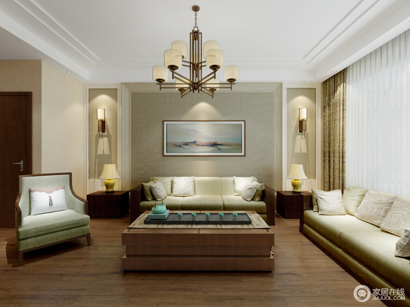 温暖清新的原木色和木色的搭配，以平和而儒雅的情调，带来客厅上的从容悠然气质；沙发墙饰与边柜、灯饰的对称辉映，更添空间的中正规整；在柔和的灯光下，空间显得拙素幽静。