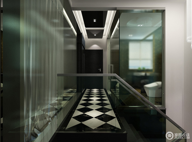 走廊中利用透明地、磨砂地玻璃来表现不同功能所体现出的不同形式，让走廊犹如一个黑色隧道十分魔幻；黑白菱形地砖简约而摩登，在暖白灯光的照耀下更显前卫。