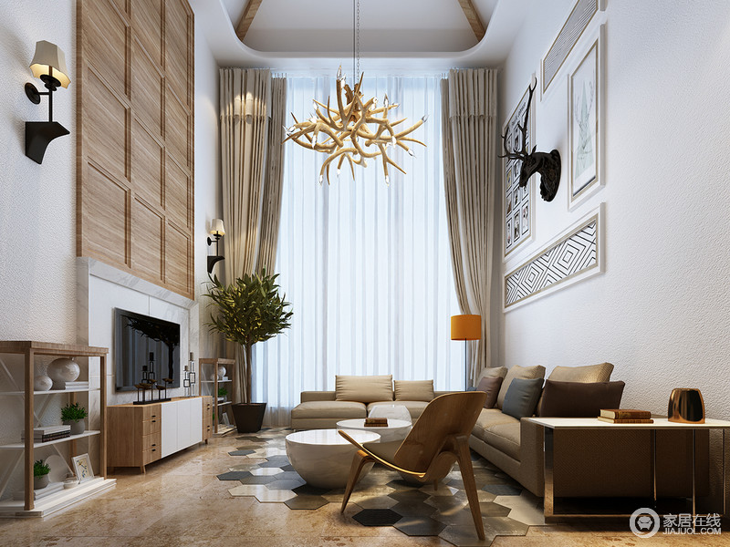 客厅的高度带来阔朗的视野，自然元素的装饰和原木的天然朴质，展现出独特的北欧风情。细腻质感的几何地毯与轻奢金属边桌，增添了空间的时尚雅致。