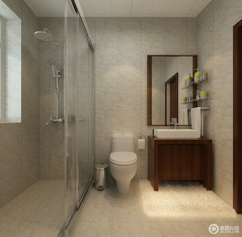 卫浴间并没有选用多余的砖石，单一的色泽更显空静。