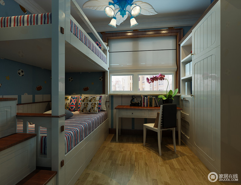 轻美式的儿童房里色调统一，双层床上的英伦条纹床品将经典时尚构筑在空间中，轻快婉约；楼梯作为收纳柜使用，实现了小空间的多功能。