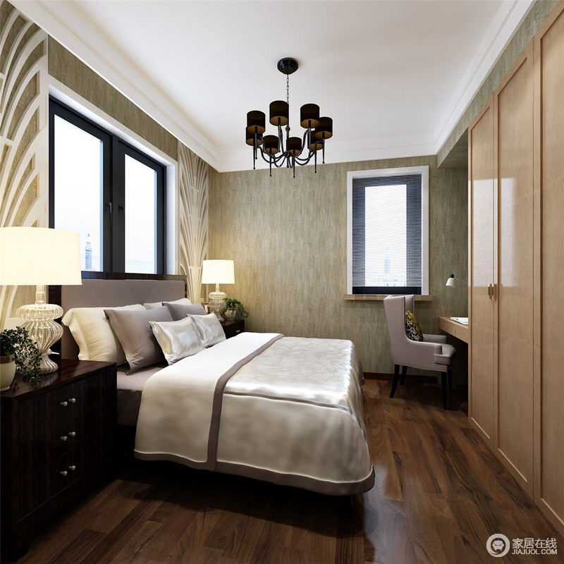 设计利用白色木质纹样的屏风作为装饰，与窗户构成的背景墙并不单调，反而多了些新形式；新古典单人沙发增加了空间的新贵气息，令卧室多了份古典的婉约与现代的质感。