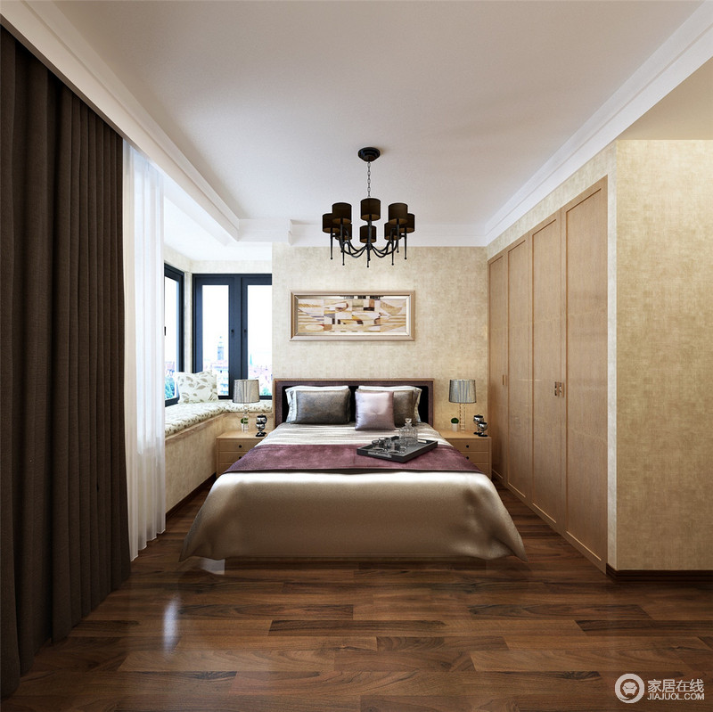 淡黄色的卧室带来自然而然的温馨，L型飘窗设计令空间的功能性更为丰富；丝质的床品突显了主人对质感的要求，也让生活更为舒适。
