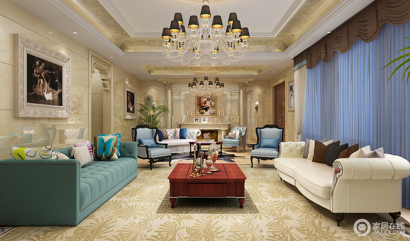 精美俏丽风格的花纹以地毯的形式铺陈出客厅空间地板，在蓝白布艺沙发的对称营造下，显得精致优雅又简洁明快，深浅靠包也带来空间色调上的缤纷感。