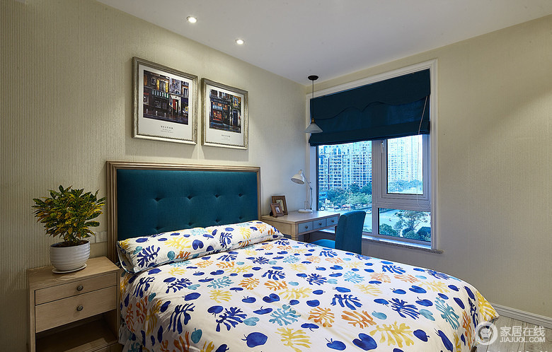 次卧室的设计，蓝色作为搭配色，是空间的颜色相对明亮一些