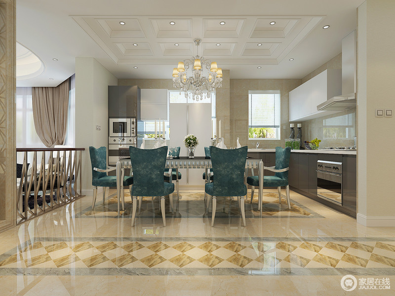 开放式的厨房整齐的将家电巧妙的融合在一起，灰色的橱柜色调冷静沉稳。墨绿面餐椅优雅热烈，在银色的衬托下，清新惬意又吸睛。地板上拼花有序，空间展现出丰富且鲜明层次。
