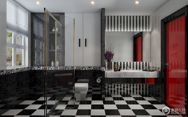 黑白方块地砖和黑白条纹立面令地面和盥洗区展现着经典的摩登，黑与白总能给你带来视觉冲击；为了彰显卫浴间的时尚，红色恰当的点缀让空间更为亮丽。