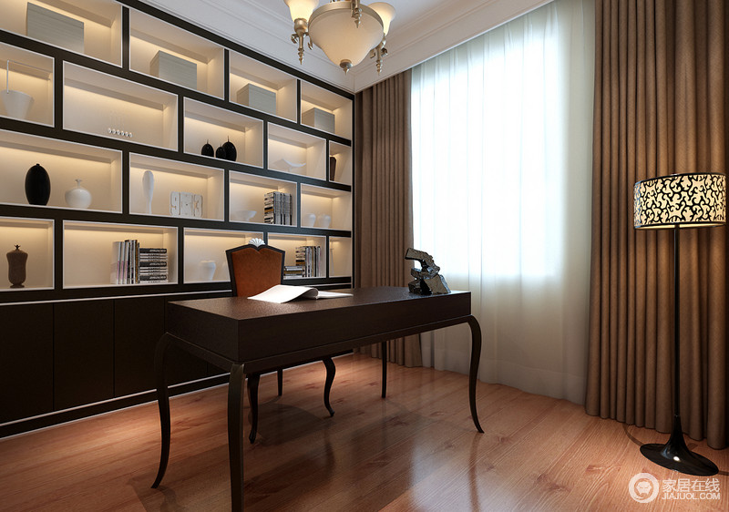 褐色书柜内嵌空间透过光晕打造出立体感，增加了书房的视觉效果，冷暖对比更显品质。