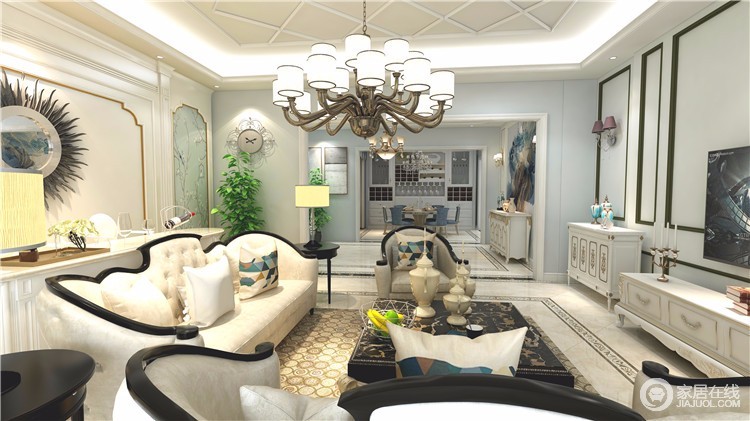 简欧风格客厅家具一般采用统一色系的，具有一定的线条感，一般白色比较常用，本案例采用的也是白色的沙发，技能与墙面呼应，也符合了业主的审美。