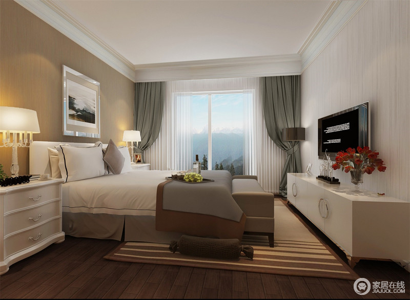 简约的棕黄色与白色的和谐搭配，使卧室充满了温情关怀，舒适放松的环境造就安心温馨的休憩，空间也流动出远离喧嚣的宁静与平素洁雅的氛围。