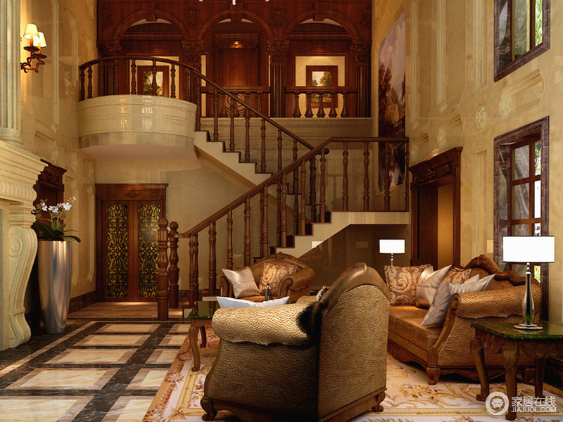 棱角分明的建筑结构并一件件经典的欧式家具所装饰，褐色低调而成熟的色泽，让空间更加苍茫。
