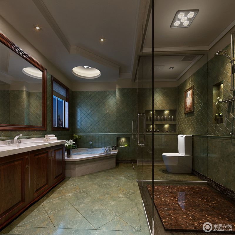卫浴间采用大量墨绿色的砖石来突显自然森意，并通过玻璃将沐浴区与洗漱区分开，打造了多功能的空间，让人可尽情选择所喜爱的沐浴生活方式。