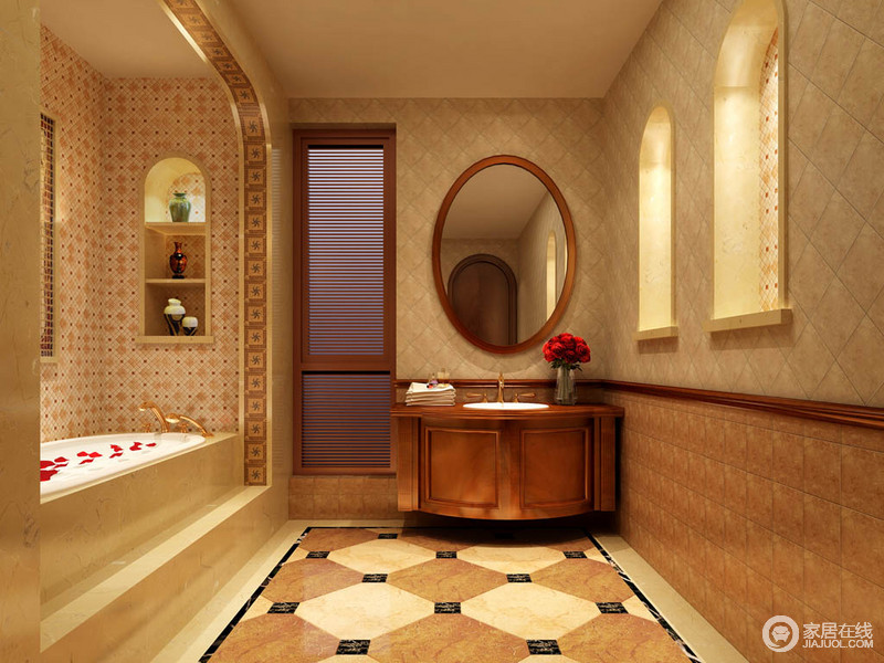 简约的卫生间，使用了大量的怀旧仿古小花砖，铺设出愉悦的盥洗时光。浴缸与盥洗台、活动区域通过拱形门洞分隔，门洞上镶嵌一圈花纹，营造细节之美。