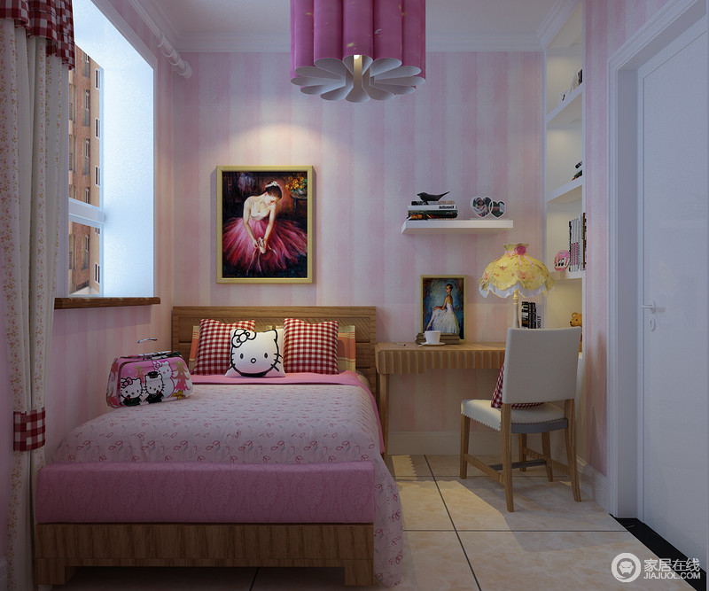 粉色最容易营造出浪漫梦幻的空间环境，儿童房以粉白为主，使空间甜美中透着清新纯净。格纹、条纹、碎花与卡通元素装饰，将朝气活泼注入了空间。