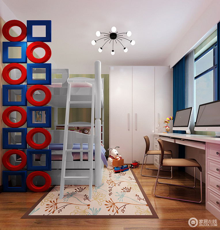 设计师以轻快活泼的现代风营造儿童房，极具视觉感的蓝红方圆隔断与上下床组合，在空间中有趣点睛；书桌也同样以双人座设计，让两个宝宝同时使用；可爱的植物图案地毯铺陈着双人床，散落在地的玩物，释放着童趣活力。