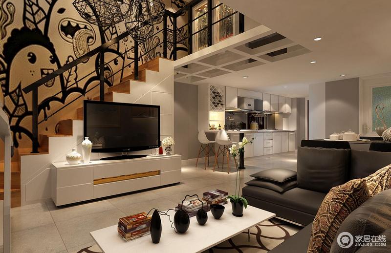 线条简约流畅，色彩对比强烈，通过黑白色调的家具，让家现代温馨之余，更为凝练。