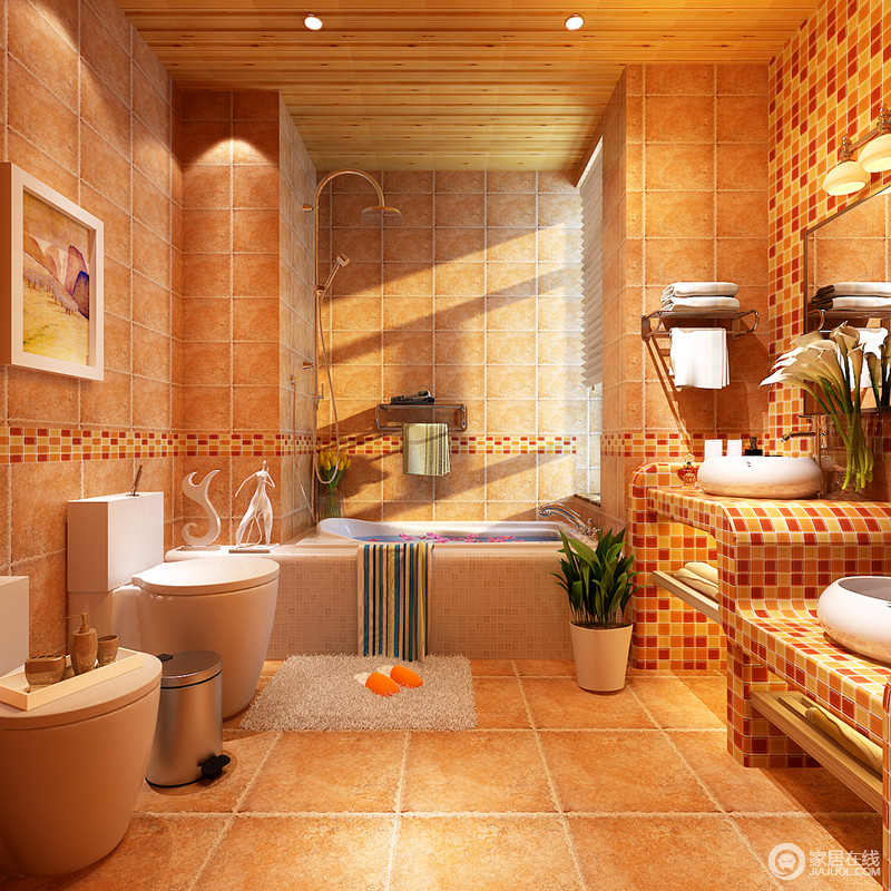 复古大理石，呈现出橘黄的色调，使整个空间显得通透程亮。卫生间大小马桶，高低洗手池。把童趣和人性化结合。