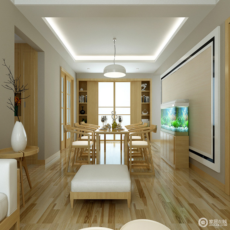 开放式的空间减少了格局上的阻碍，互通互融的空间更为自在；从木地板到实木座椅等家具的简约设计和质感便可领略到自然带来的淡雅之调，好似徐徐来风，清和柔软。