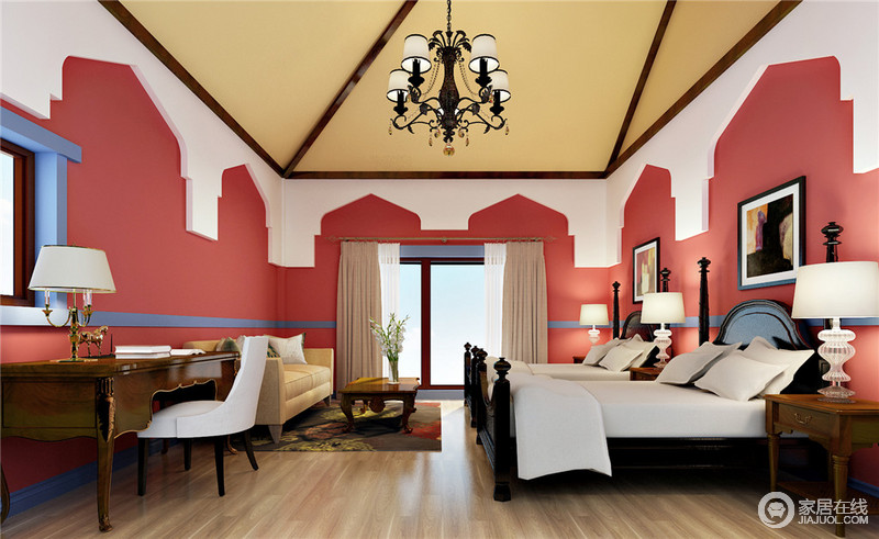 卧室颇有民族风情，设计师不仅利用墙面来突显建筑设计，并以热情的红色来勾画尼泊尔民族风情，将明艳渲染至空间，而黄色穹顶、蓝色边框恰当地演绎时尚，让实木家具张扬着动人的古典优雅。