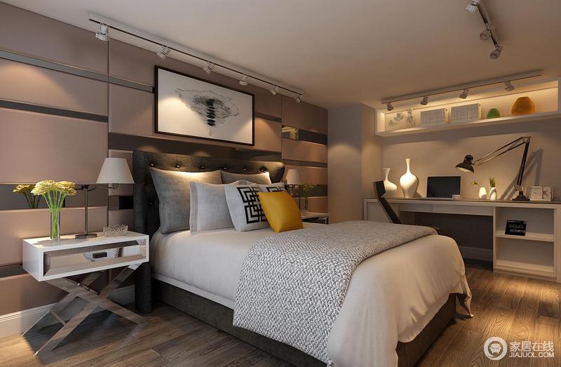 卧室线条简单、装饰元素少，却以色彩的层次构成空间的现代温馨。