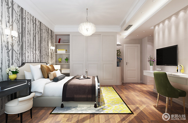 卧室延续了客厅的风格，将自然元素斑斓呈现。在大面积运用纯净白色的同时，加入了晶粉、绒绿及棕黄、深褐和黑等色，空间演绎了鲜活撩人的小清新。