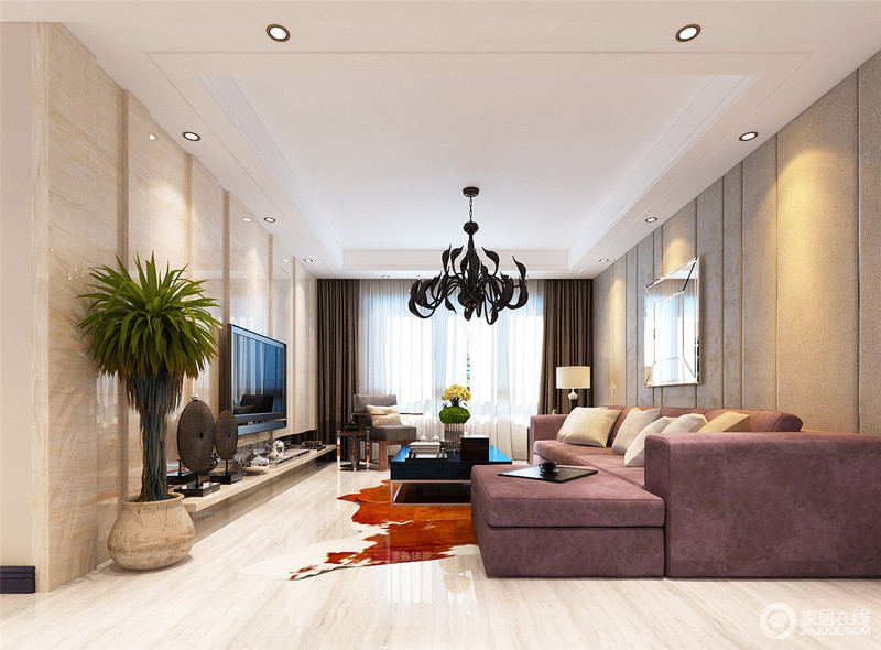 客厅里理石与软包墙上丰富的线条，营造出简练的空间效果。宽大舒适的紫色沙发高雅陈列，与橙色不规则地毯带来醒目的视觉效果。黑色的吊灯、茶几点缀出层次和沉稳气质。