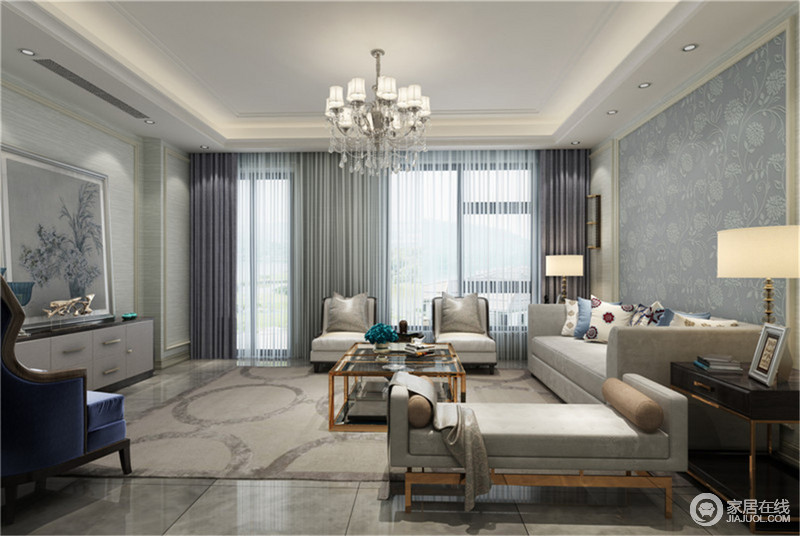 落地的窗帘很是气派。布艺沙发组合有着丝绒的质感以及流畅的木质曲线，将传统欧式家居的奢华与现代家居的实用性完美地结合。