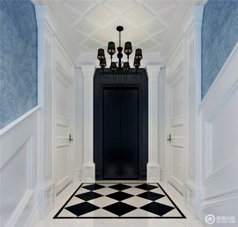 玄关中纯净的白色立面在蓝色雕纹壁纸的点缀中徜徉着清爽静丽的氛围；黑白相间的菱形地面魔幻而摩登，让家更显另类。