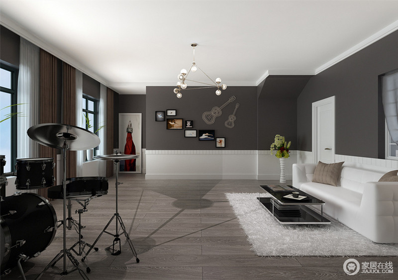 灰白的的主色调，配上简洁的家具、灯具，加上绿色小植物点缀，整个空间显得干净、大方、时尚。