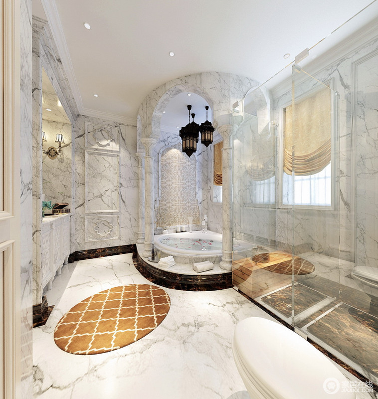 灰白大理石打造了一个独立的宫殿式卫浴间，既不影响其他区域地功能性，又增强了空间的建筑美。
