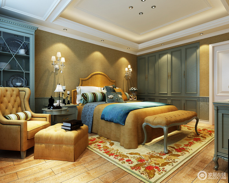 卧室充满暖暖地明媚感，黄色棉麻质地制成的家具和床品呈现出材质的多样性和可融合性，荷绿色内嵌式衣柜将清爽点缀于空间，令复古之家也时髦。