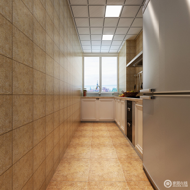 厨房以怀旧方砖铺陈墙面与地板，浓烈的质朴感扑面而来；配白色实木橱柜大理石台面，简洁的空间里充盈着乡村自然的味道，家电也适宜的与空间融合。