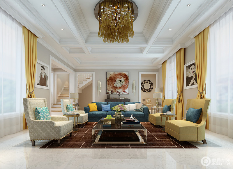空间里沙发与布艺上的色彩，鲜艳且充满活力，使客厅显得活色生香。巧克力色的地毯上布满几何线条与金属茶几，彰显出几分现代质感，灰白背景更加衬托空间的俏丽多姿。