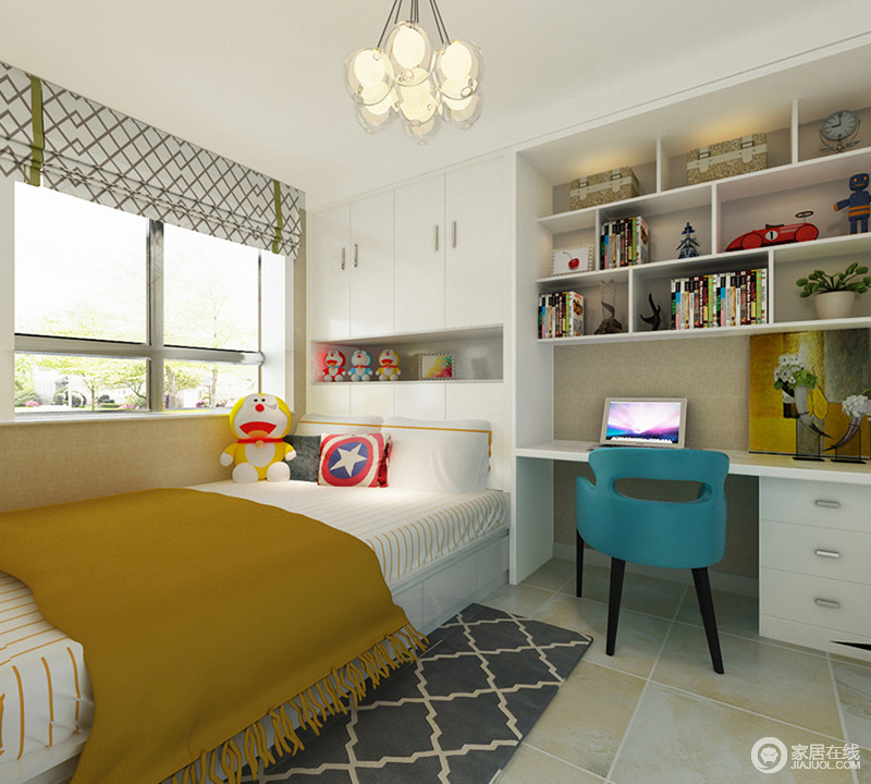 为了让儿童房更加活力和有趣，使用黄色和蓝色共同协作，减去白色空间的单冷。